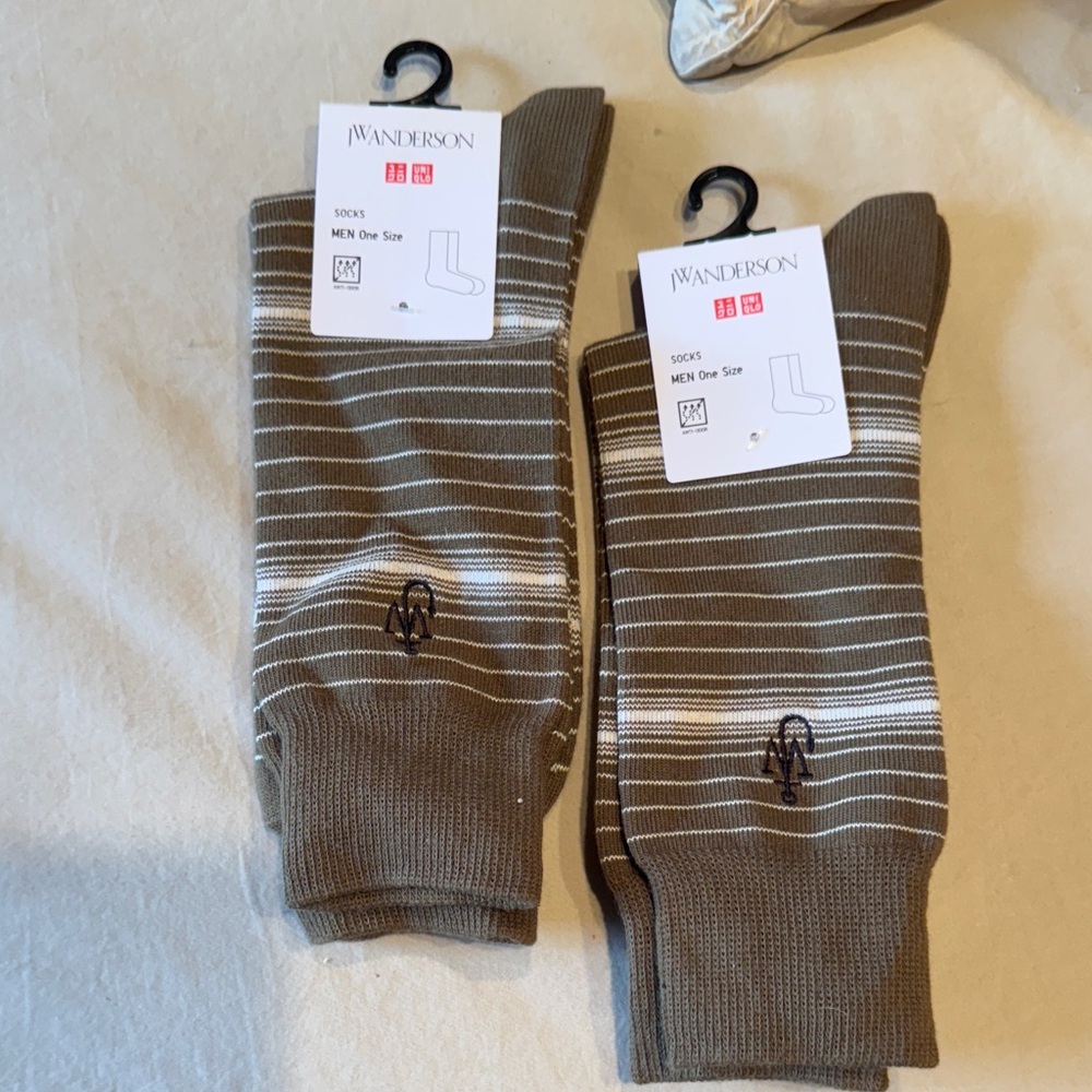 Uniqlo x JW Anderson Mens Dress Socks  Olive Green Cream  Stripes, 2 Pair